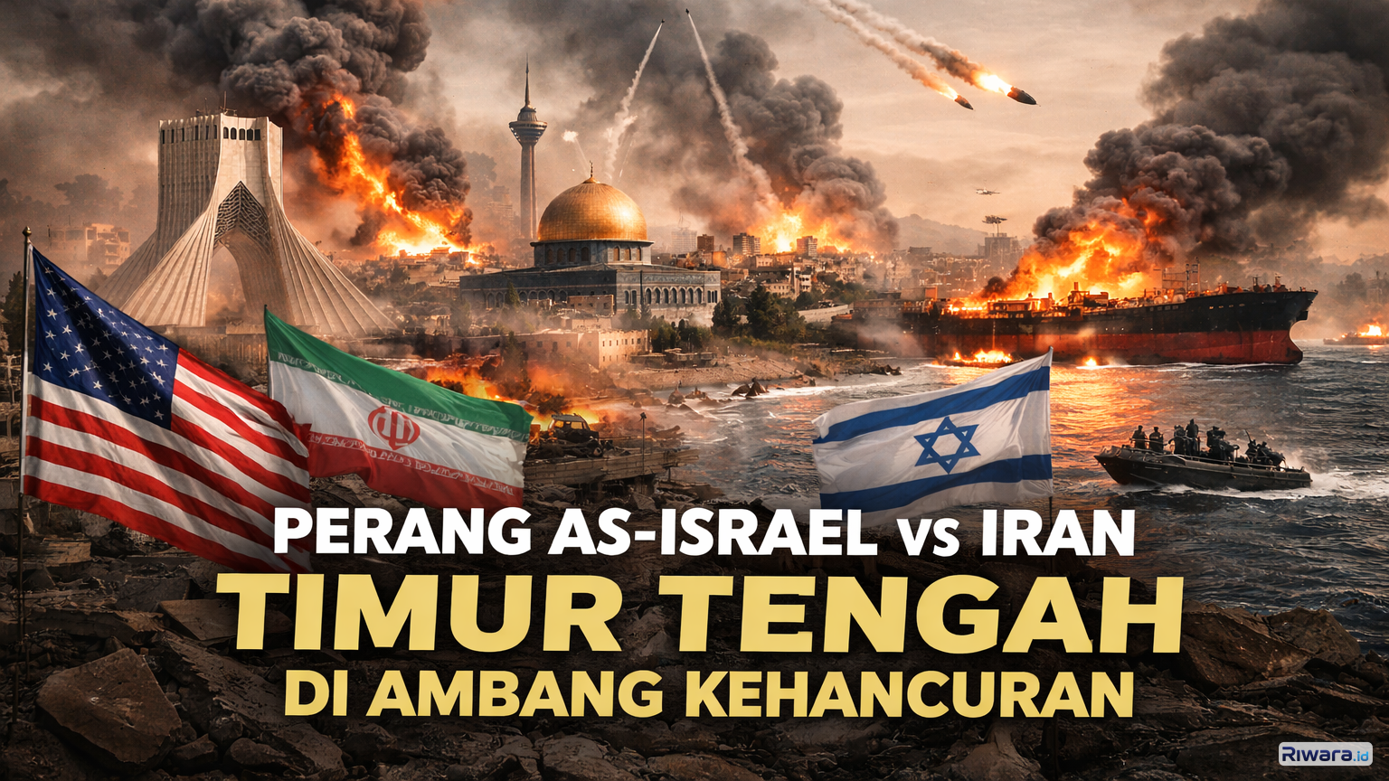 Ilustrasi perang terbuka antara Amerika Serikat, Israel, dan Iran yang mengguncang stabilitas Timur Tengah, mengancam Selat Hormuz, dan berpotensi memicu gejolak ekonomi dunia.